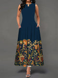 Chicmy- Casual Floral Print Crew Neck Sleeveless Maxi Dress