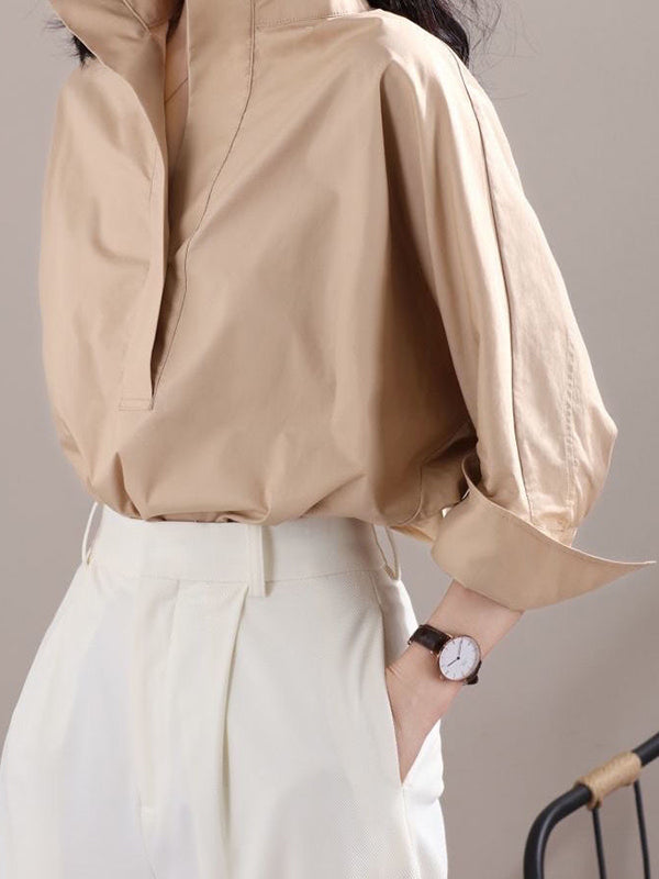Chicmy-Long Sleeves Loose Solid Color Lapel Collar Blouses&Shirts Tops