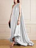 Chicmy-Banquet Sleeveless Loose Pleated Falbala Solid Color One-Shoulder Maxi Dresses