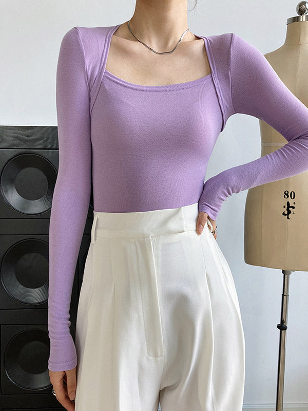 Chicmy-Simple Solid Color Square-Neck Long Sleeves False Two Base Shirt