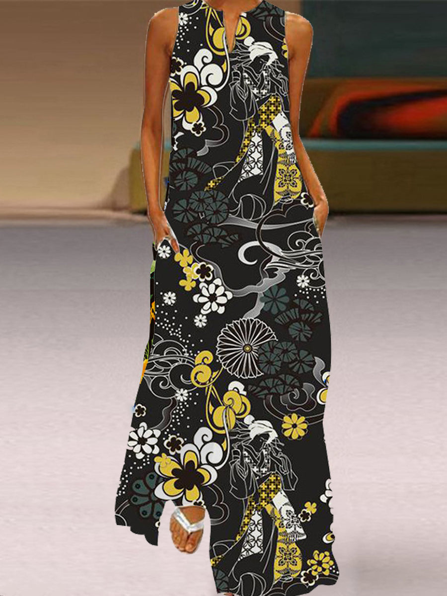 Chicmy- Casual Ethnic Print V-Neck Sleeveless Maxi Dress