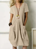 Chicmy- Women Casual Pockets Short Sleeves Summer Solid Midi Dress