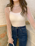 Chicmy-Original Stylish Hollow Mesh Lace High-Neck Long Sleeves T-Shirt Top