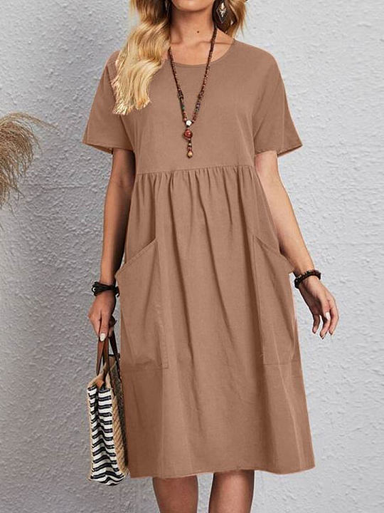 Chicmy- Round Neck Loose Casual Solid Color Vacation Short Sleeve Midi Dress