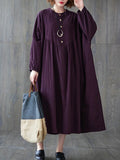 Chicmy-Pleated Solid Color Loose Puff Sleeves Stand Collar Midi Dresses