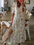 Chicmy- Casual Loose V-Neck Printed Short Sleeve Maxi Dress