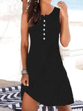 Chicmy- Casual Solid Color Buttons Crew Neck Sleeveless Short Dress