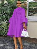 Chicmy-Urban Buttoned Solid Color Stand Collar Flared Sleeve Loose Midi Dress