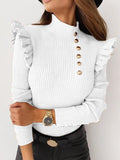 Chicmy-Buttoned Falbala Split-Joint Long Sleeves Skinny High-Neck Sweater Tops Pullovers