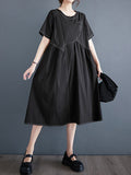 Chicmy-Asymmetric Pleated Pockets Solid Color Split-Joint A-line Loose Round-neck Midi Dresses