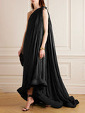 Chicmy-Banquet Sleeveless Loose Pleated Falbala Solid Color One-Shoulder Maxi Dresses