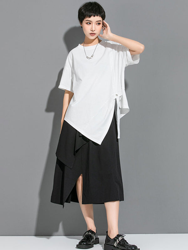 Chicmy-Urban Solid Color Asymmetric Round-Neck T-Shirt Top