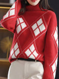 Chicmy-Casual Long Sleeves Loose Plaid High-Neck Sweater Tops