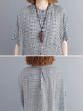 Chicmy-Artistic Retro Loose Split-Joint Plaid Buttoned Stand Collar Half Sleeves Midi Dress