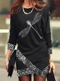 Chicmy- Round Neck Casual Loose Dragonfly Print Long Sleeve Short Dress