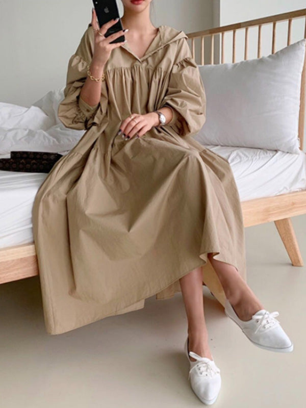 Chicmy-Urban Solid Color Pleated Long Sleeves Hooded Midi Dress