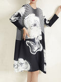 Chicmy-Pleated Printed Long Sleeves Loose Round-neck Midi Dresses