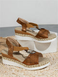 ChicmyVacation Silver Ring Straw Wedge Sandals in Linen