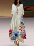 Chicmy- V-neck Loose Casual Floral Print Long Sleeve Maxi Dress