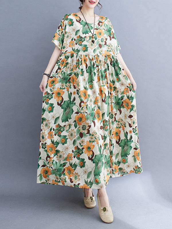 Chicmy-Floral Printed Pleated Split-Joint Loose Short Sleeves Round-Neck Midi Dresses