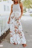 CHICMY-Women's Spring and Summer Outfits, Casual and Fashionable Striped Floral Print Patchwork White Maxi Dress