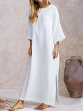 Chicmy- Loose Casual Solid Color Crew Neck Long Sleeve Slit Maxi Dress