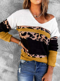 Chicmy-Women's Sweater Leopard Color Block V-Neck Rib-Knit Sweater