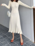 Chicmy-Ruffled Solid Color Long Sleeves Loose Round-Neck Sweater Dresses Midi Dresses