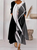 Chicmy- V-neck Loose Colorblock Print Holiday Long Sleeve Maxi Dress