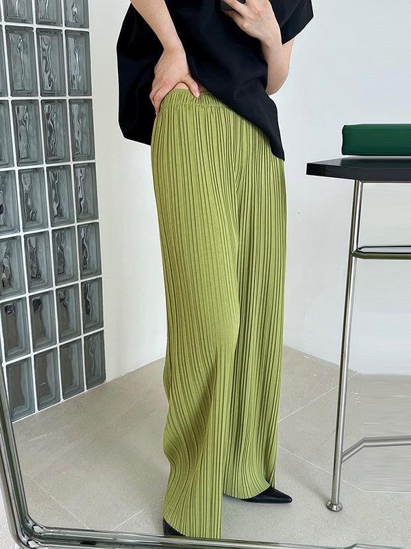 Chicmy- Pleated Solid Color Wide Leg Pants Bottoms