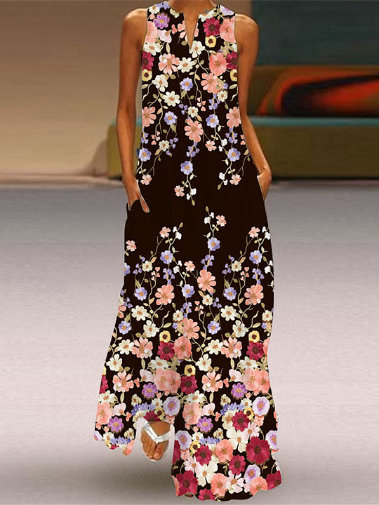 Chicmy- V-Neck Casual Loose Floral Print Resort Sleeveless Maxi Dress