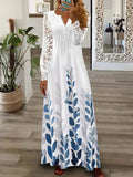 Chicmy- Round Neck Casual Loose Floral Print Lace Panel Long Sleeve Maxi Dress