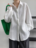 Chicmy-Simple Loose Long Sleeves Buttoned Solid Color Textured Lapel Collar Blouses&Shirts Tops