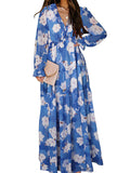 Chicmy-Flower Print Pleated Ruffled High Waisted Long Sleeves V-neck Maxi Dresses