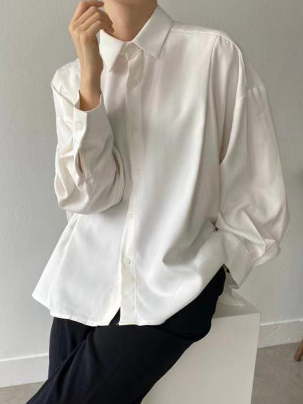 Chicmy-Simple Long Sleeves Loose Buttoned Pleated Solid Color Lapel Collar Blouses&Shirts Tops