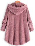 ChicmyWomen Cozy Fleece Hooded Fuzzy Asymmetrical Hem Button Teddy Bear Coat