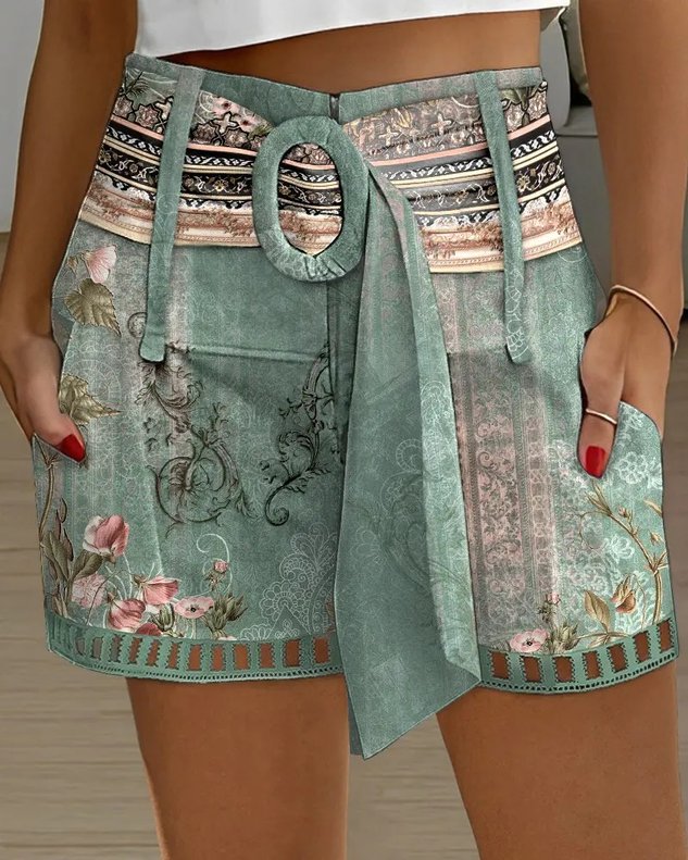 ChicmyFloral Tribal Print Hollow Out Belted Shorts