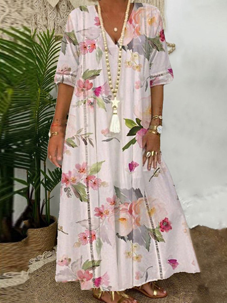 Chicmy- Loose Floral Print V-Neck Short Sleeve Maxi Dress