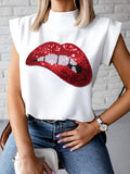 Chicmy-Cap Sleeve Loose Lip Applique Embroidered Figure High-Neck T-Shirts Tops