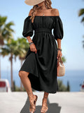 Chicmy-Elasticity Pleated Solid Color Split-Joint A-Line Bishop Sleeve Off-The-Shoulder Midi Dresses