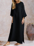 Chicmy- Loose Casual Solid Color Crew Neck Long Sleeve Slit Maxi Dress