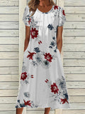 Chicmy- Round Neck Loose Casual Floral Print Short Sleeve Midi Dress