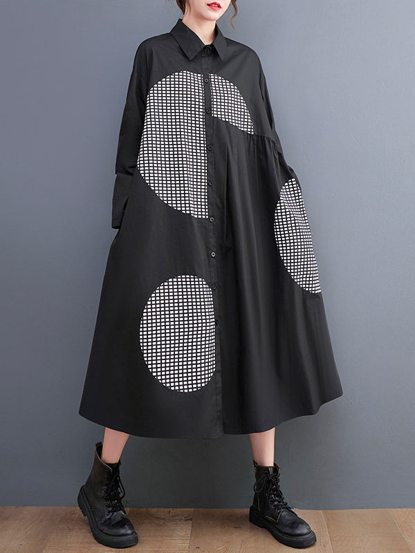 Chicmy-Vintage Loose Long Sleeves Buttoned Printed Polka-Dot Lapel Collar Midi Dresses