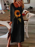 Chicmy- Sunflower Plant Printed Side Slit Long Sleeve Maxi Dress