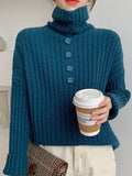 Chicmy-Casual Loose Long Sleeves Buttoned Solid Color High-Neck Sweater Tops