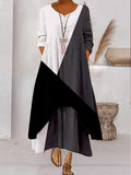 Chicmy- V-neck Loose Colorblock Print Holiday Long Sleeve Maxi Dress