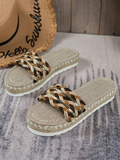 ChicmyHoliday Linen Contrast Woven Straw Sole Slippers