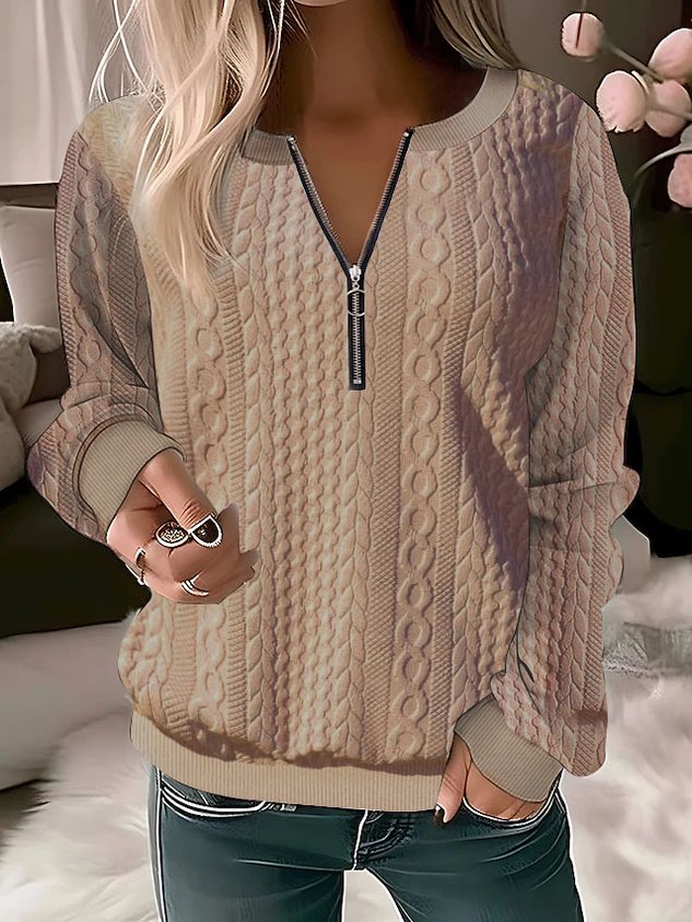 ChicmySolid Color Casual Texture Knitted Sweater Zipper Sweatshirt