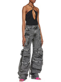 Chicmy-Pleated Pockets Split-Joint Streamer Loose Jean Pants Bottoms