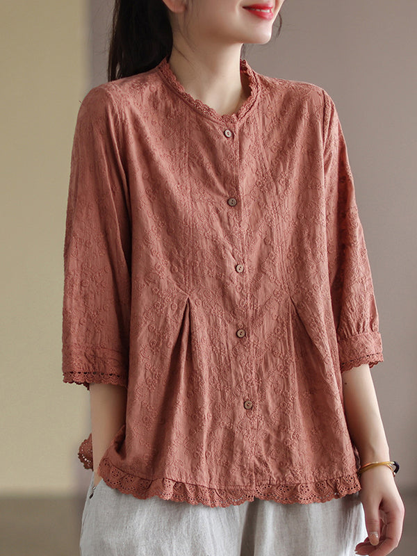 Chicmy-Loose Artistic Retro Embroidered Solid Color Falbala Blouse